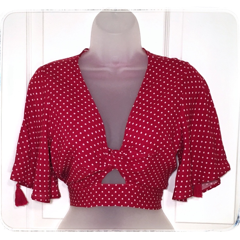 Red Polka Dot Flutter Sleeve Cropped Top Size S
